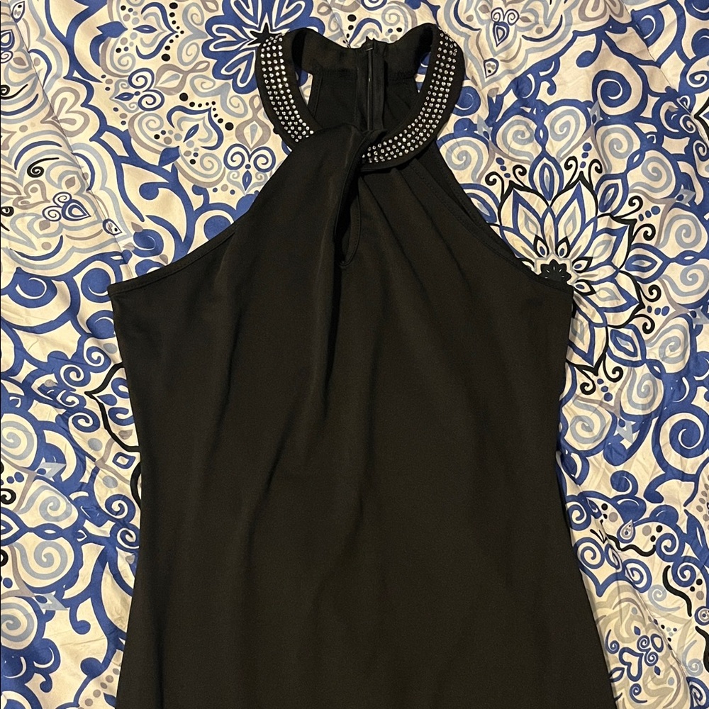 Elegant Black Halter Dress with Embellished Neckline